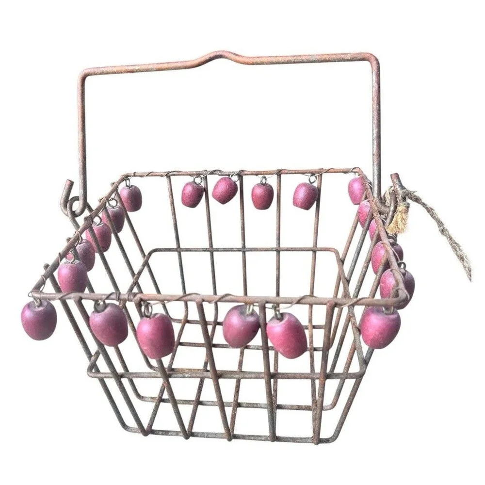 Vintage Wire Basket Wooden Apple Bead Trim Rustic Primitive Country Farmhouse